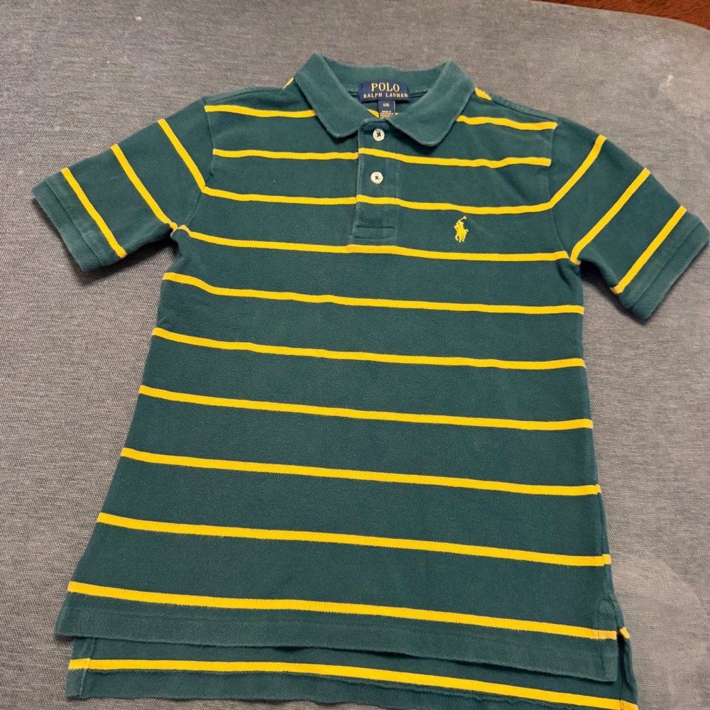 Polo Ralph Lauren Boys Green Yellow Striped Short Sleeve Polo Shirt Size 8 S